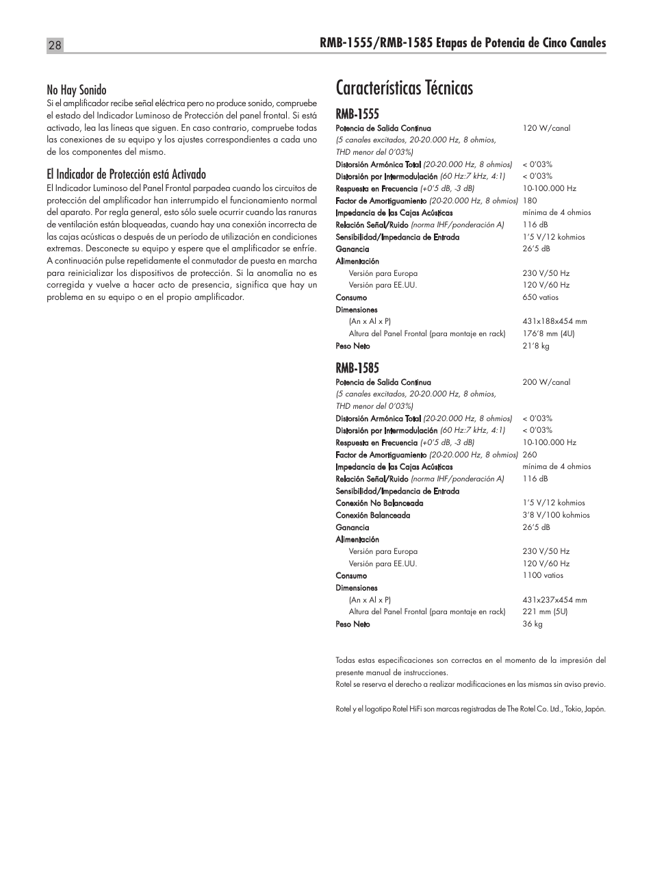 Características técnicas, Rmb-1555, Rmb-1585 | No hay sonido, El indicador de protección está activado | ROTEL RMB-1555 User Manual | Page 28 / 51