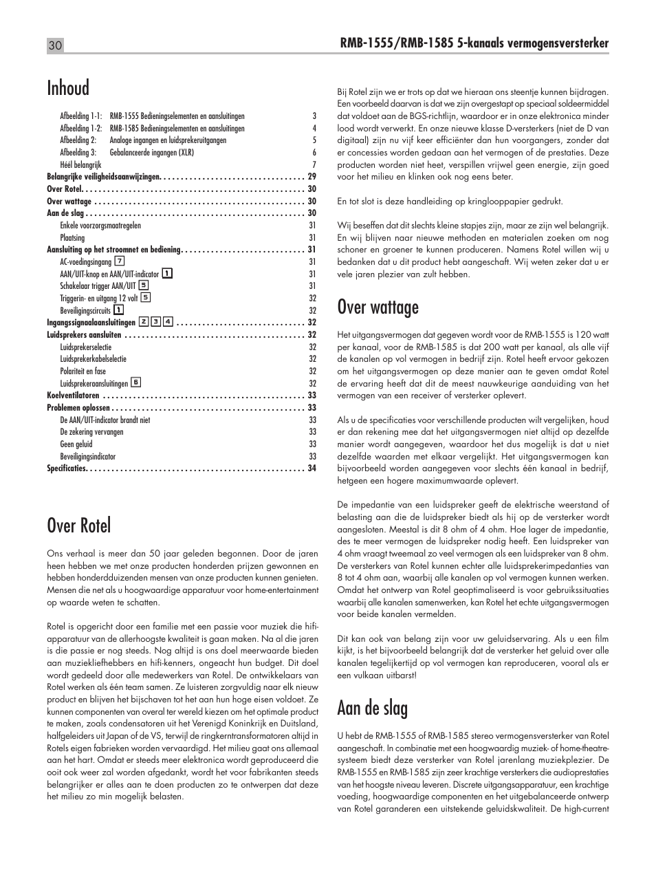 Over rotel, Over wattage, Aan de slag | Inhoud | ROTEL RMB-1555 User Manual | Page 30 / 51