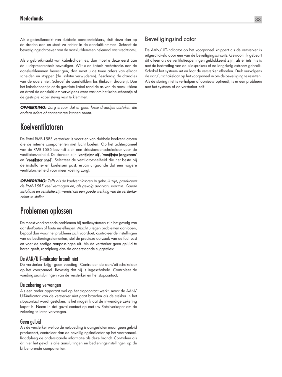 Koelventilatoren, Problemen oplossen | ROTEL RMB-1555 User Manual | Page 33 / 51