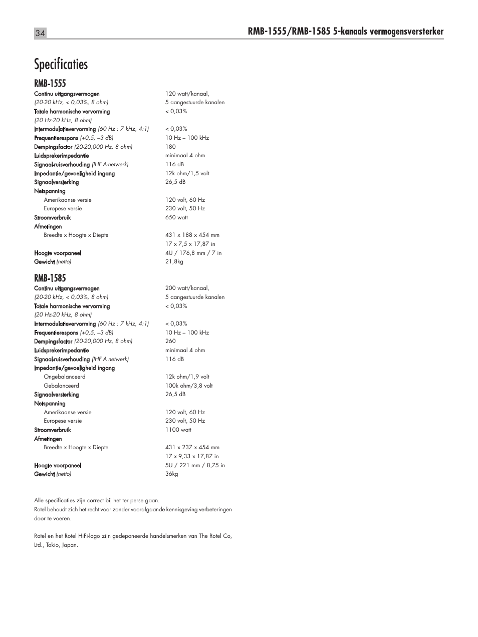 Specificaties, Rmb-1555, Rmb-1585 | ROTEL RMB-1555 User Manual | Page 34 / 51