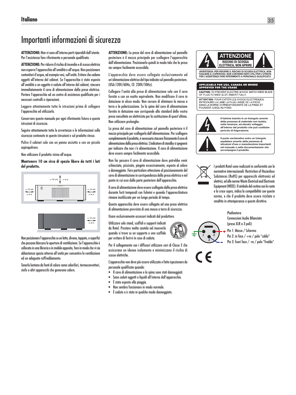 Importanti informazioni di sicurezza, Italiano, Attenzione | ROTEL RMB-1555 User Manual | Page 35 / 51