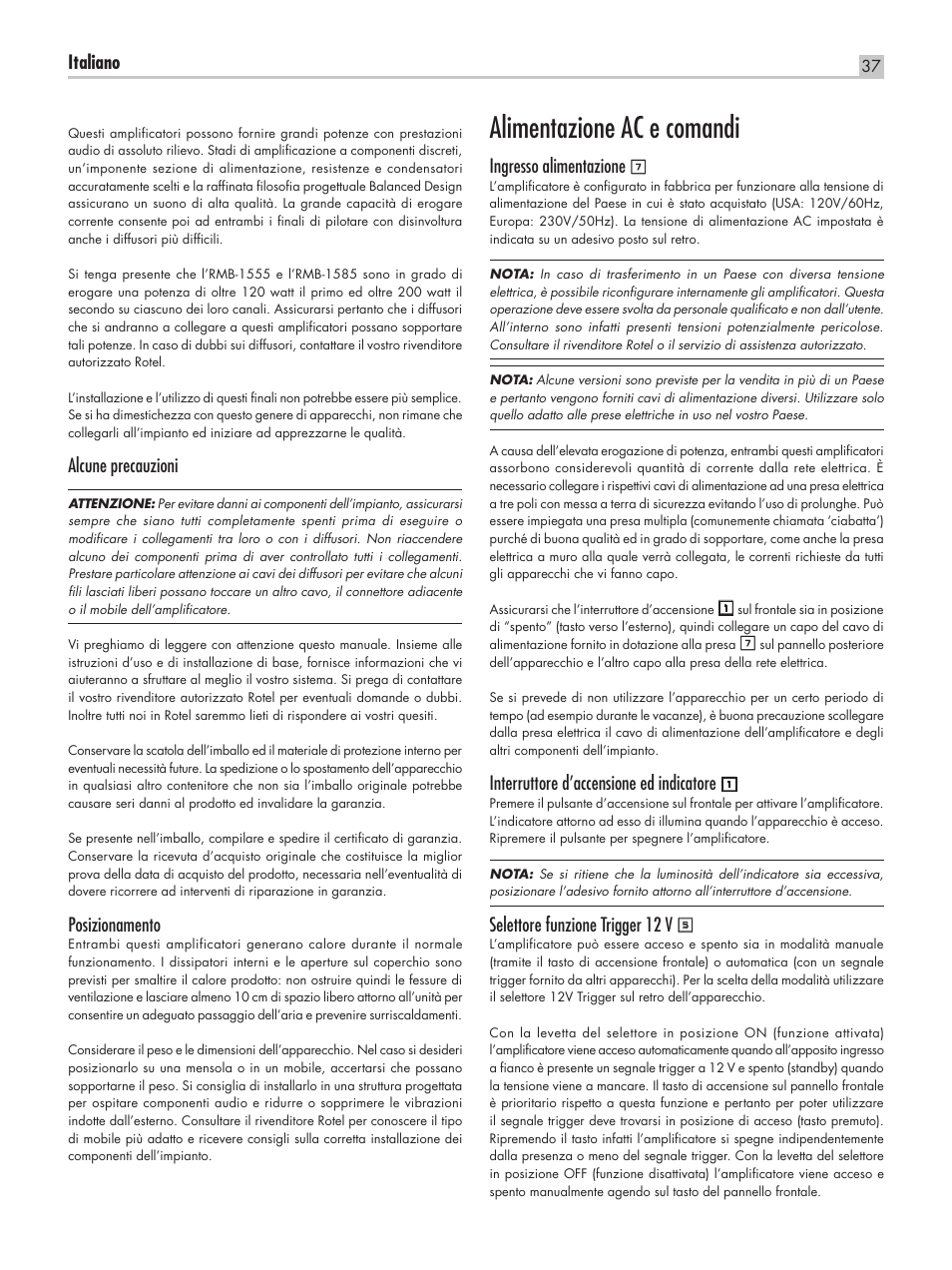 Alimentazione ac e comandi, Italiano, Alcune precauzioni | Posizionamento, Ingresso alimentazione, Interruttore d’accensione ed indicatore, Selettore funzione trigger 12 v | ROTEL RMB-1555 User Manual | Page 37 / 51