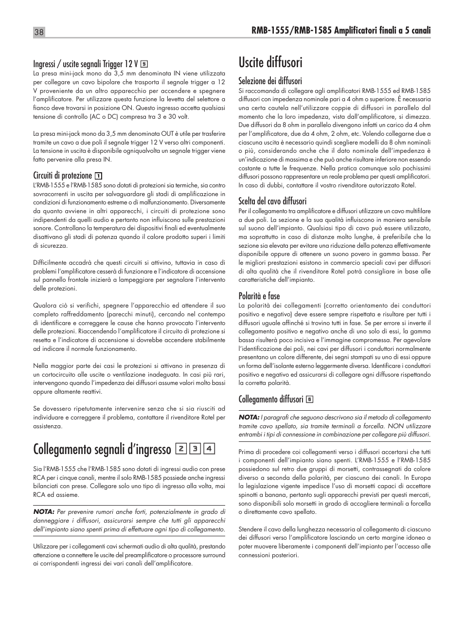 Collegamento segnali d’ingresso 234, Uscite diffusori | ROTEL RMB-1555 User Manual | Page 38 / 51