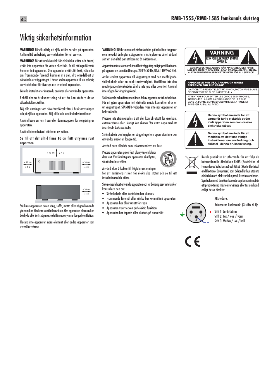 Viktig säkerhetsinformation, Varning | ROTEL RMB-1555 User Manual | Page 40 / 51