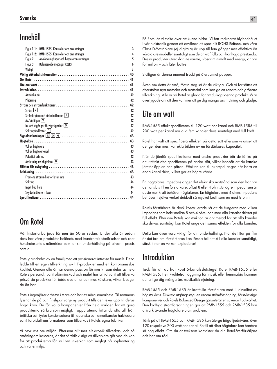 Om rotel, Lite om watt, Introduktion | Innehåll, Svenska | ROTEL RMB-1555 User Manual | Page 41 / 51