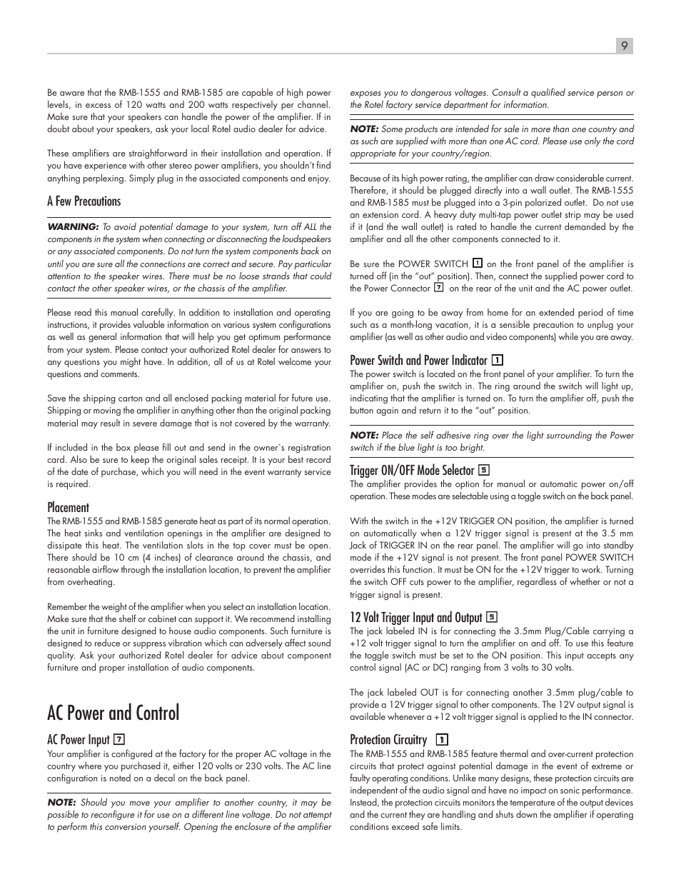 Ac power and control, A few precautions, Placement | Ac power input 7, Power switch and power indicator 1, Trigger on/off mode selector 5, 12 volt trigger input and output 5, Protection circuitry | ROTEL RMB-1555 User Manual | Page 9 / 51