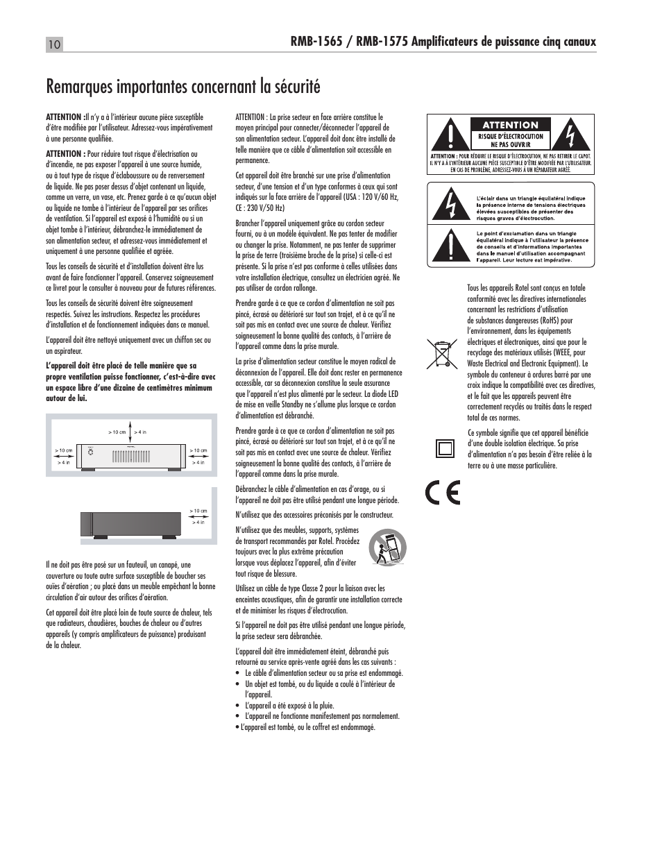 Remarques importantes concernant la sécurité | ROTEL RMB-1565 User Manual | Page 10 / 46