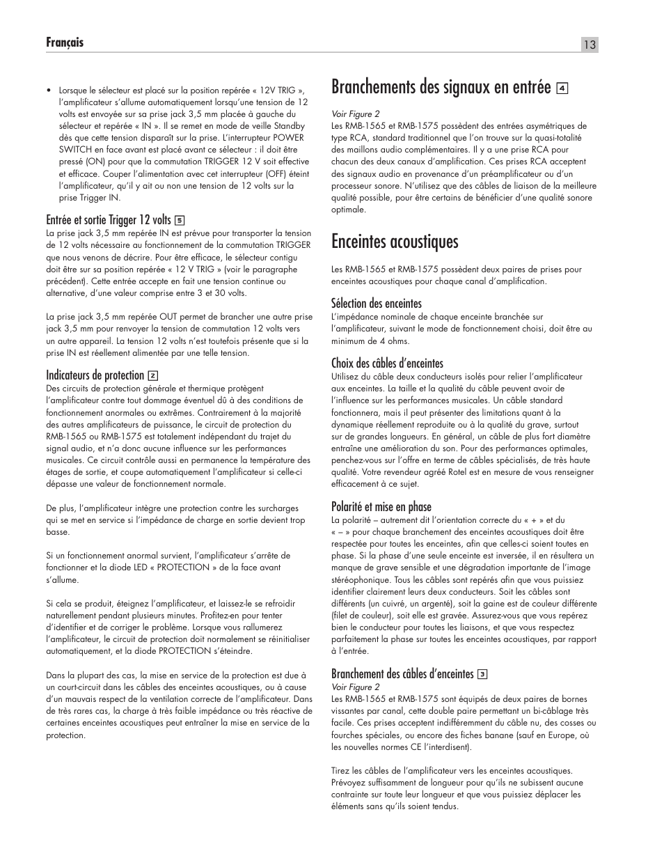 Branchements des signaux en entrée, Enceintes acoustiques | ROTEL RMB-1565 User Manual | Page 13 / 46