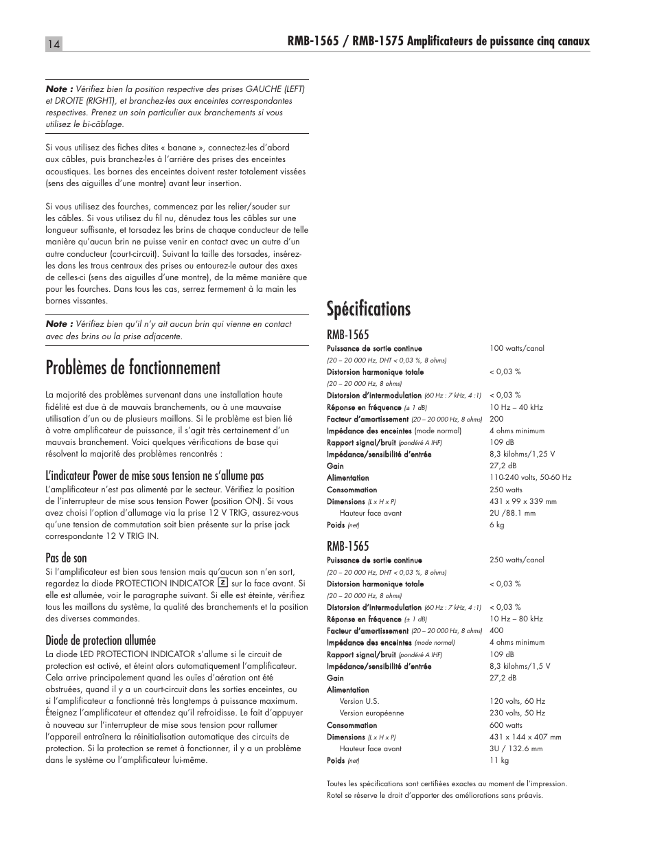 Problèmes de fonctionnement, Spécifications, Pas de son | Diode de protection allumée, Rmb-1565 | ROTEL RMB-1565 User Manual | Page 14 / 46