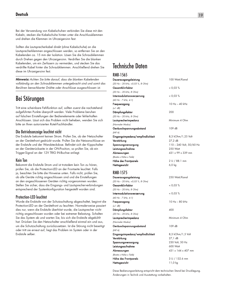 Bei störungen, Technische daten, Deutsch | Die betriebsanzeige leuchtet nicht, Kein ton, Protection-led leuchtet, Rmb-1565, Rmb-1575 | ROTEL RMB-1565 User Manual | Page 19 / 46