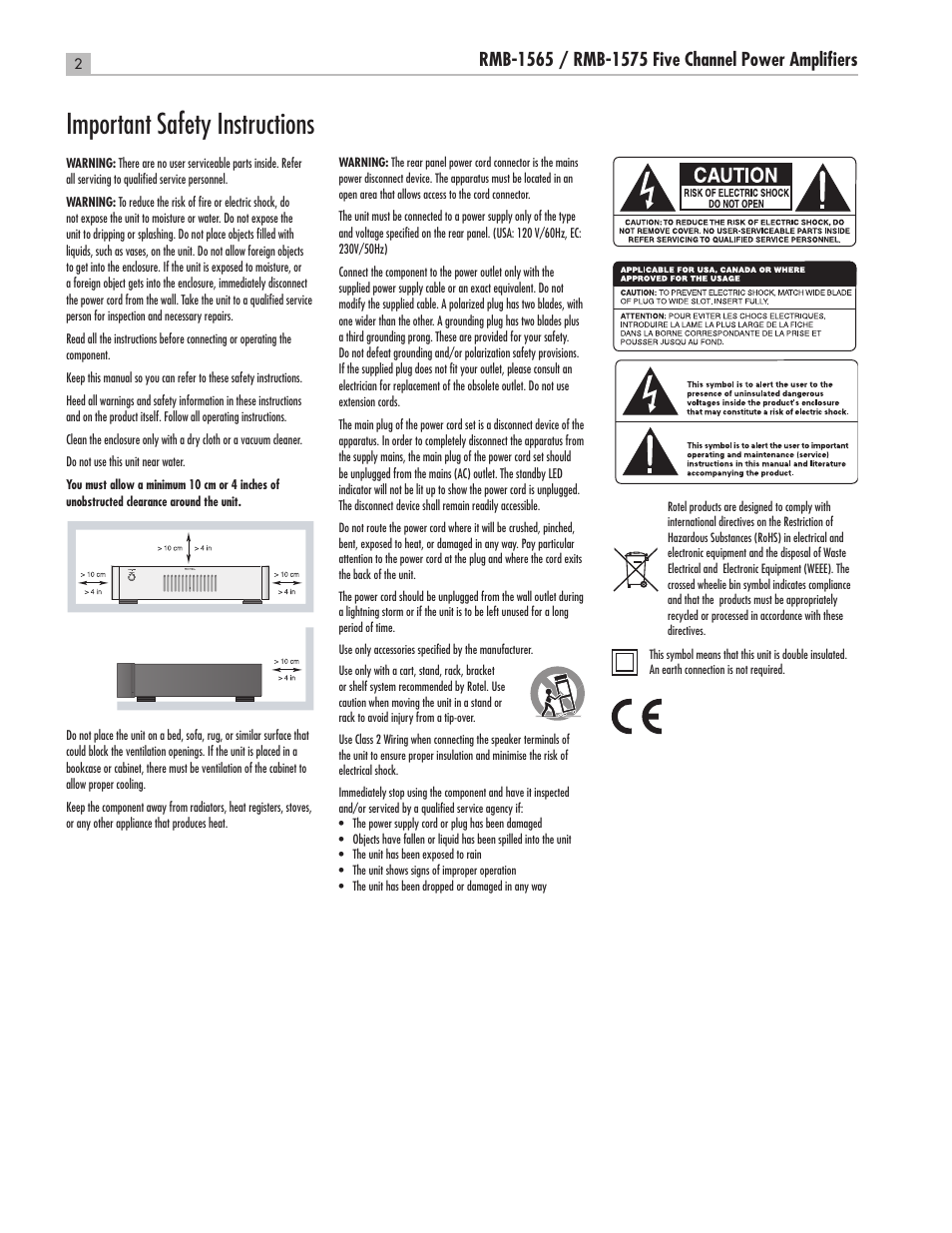 Important safety instructions | ROTEL RMB-1565 User Manual | Page 2 / 46