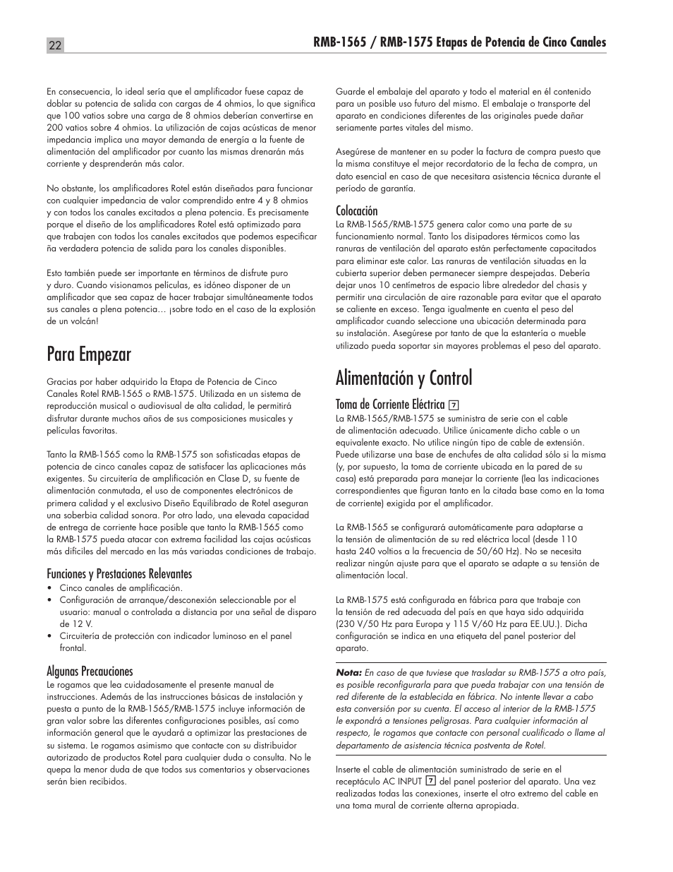 Para empezar, Alimentación y control | ROTEL RMB-1565 User Manual | Page 22 / 46