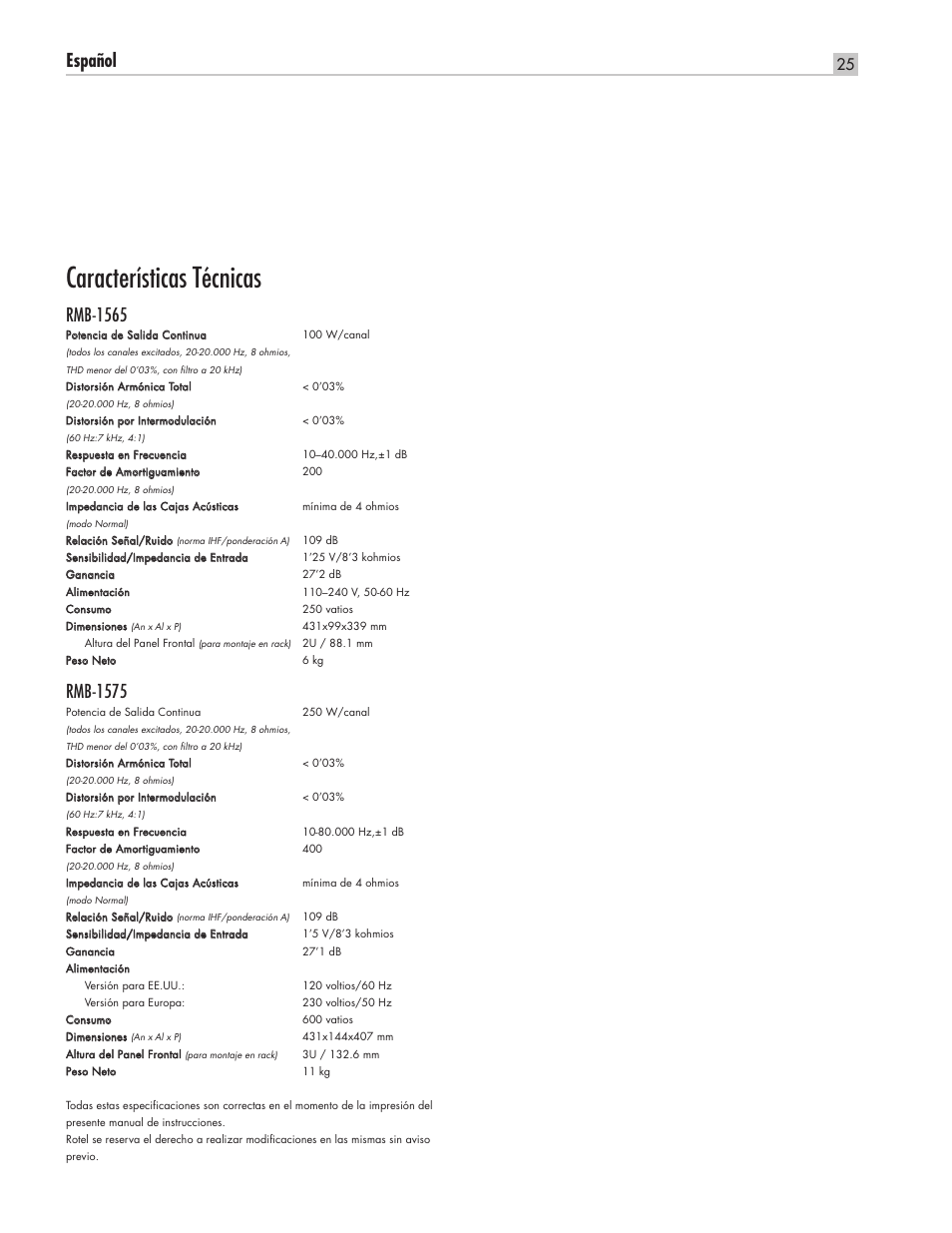 Características técnicas, Español, Rmb-1565 | Rmb-1575 | ROTEL RMB-1565 User Manual | Page 25 / 46