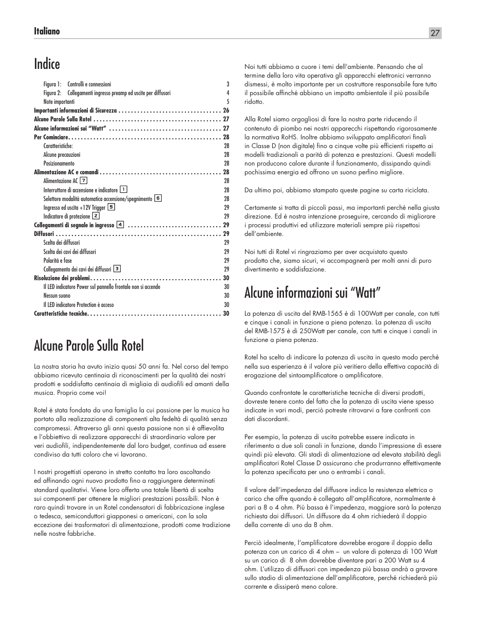Alcune parole sulla rotel, Alcune informazioni sui “watt, Indice | Italiano | ROTEL RMB-1565 User Manual | Page 27 / 46