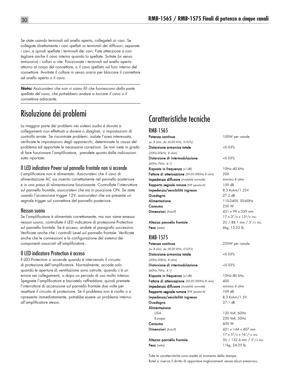 Risoluzione dei problemi, Caratteristiche tecniche, Nessun suono | Il led indicatore protection è acceso, Rmb-1565, Rmb-1575 | ROTEL RMB-1565 User Manual | Page 30 / 46