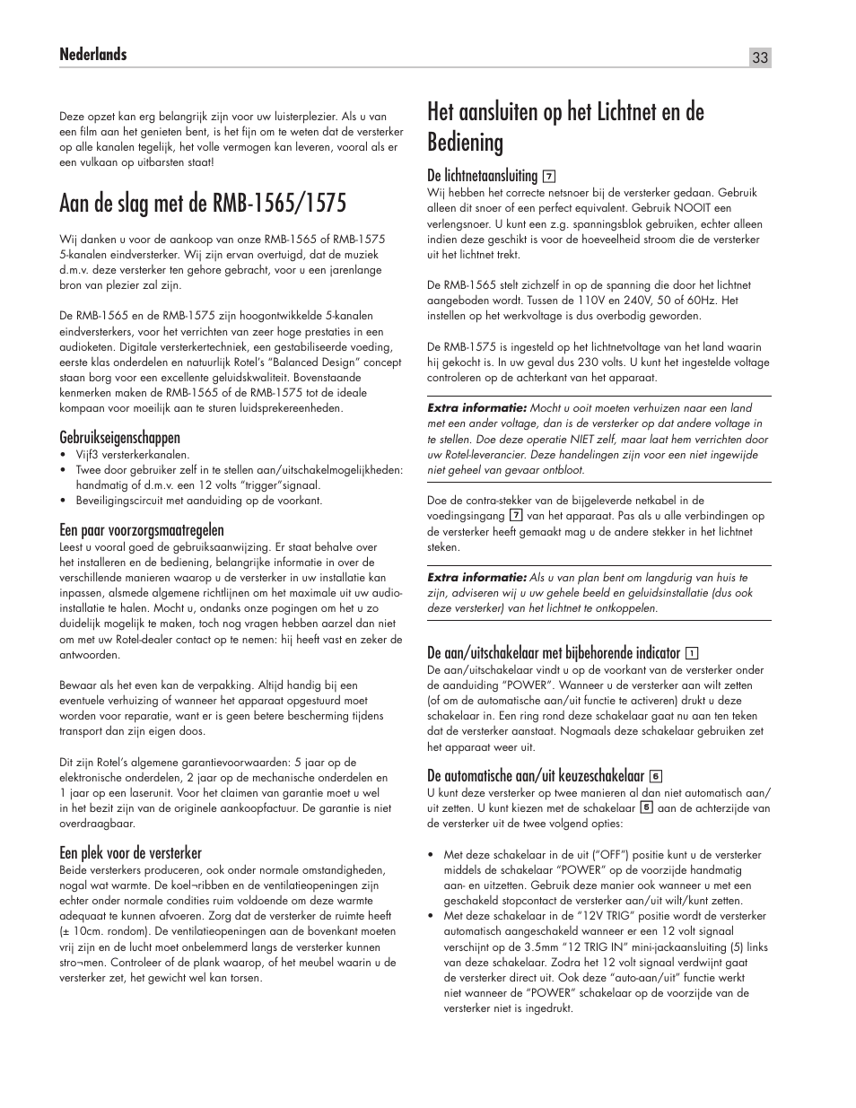 Het aansluiten op het lichtnet en de bediening | ROTEL RMB-1565 User Manual | Page 33 / 46