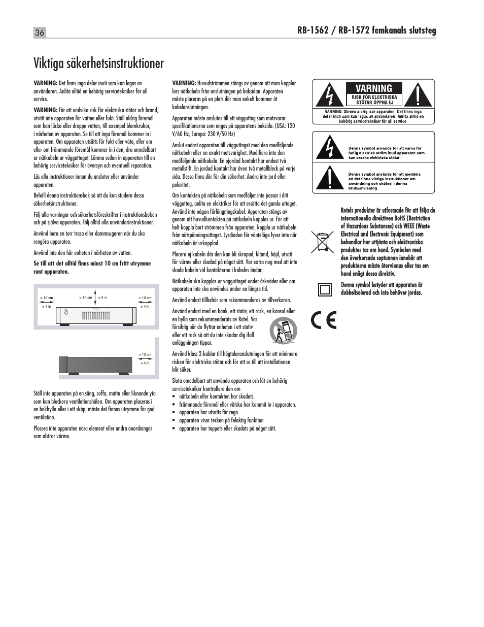 Viktiga säkerhetsinstruktioner | ROTEL RMB-1565 User Manual | Page 36 / 46