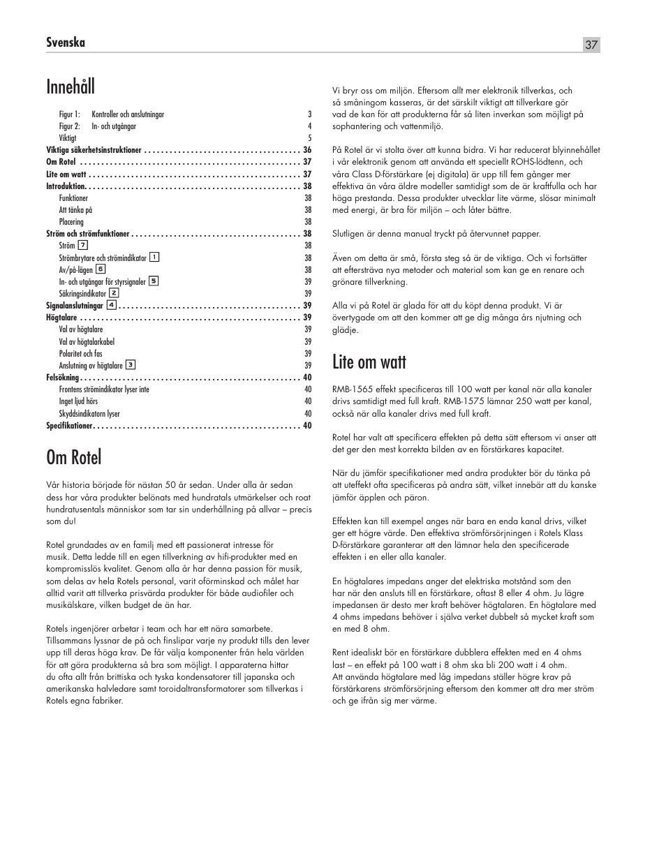 Om rotel, Lite om watt, Innehåll | Svenska | ROTEL RMB-1565 User Manual | Page 37 / 46