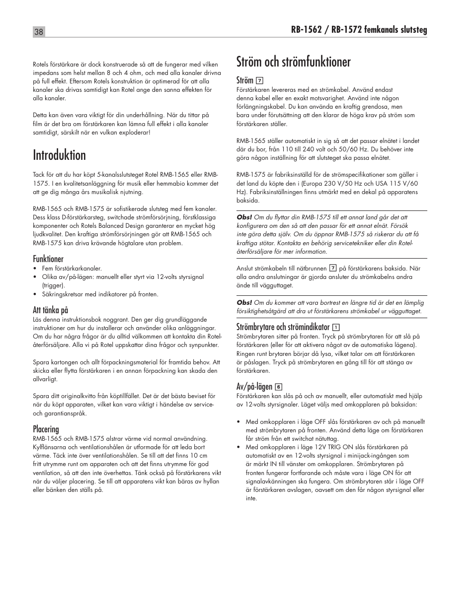 Introduktion, Ström och strömfunktioner | ROTEL RMB-1565 User Manual | Page 38 / 46