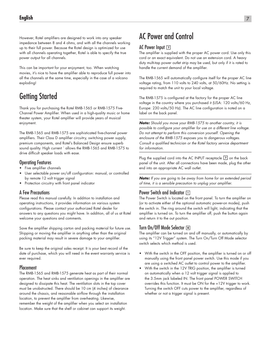 Getting started, Ac power and control | ROTEL RMB-1565 User Manual | Page 7 / 46