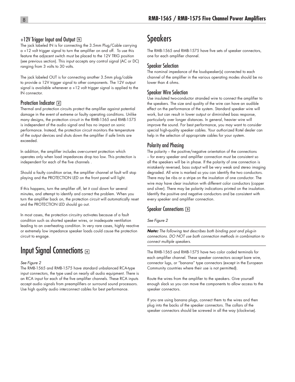 Input signal connections, Speakers | ROTEL RMB-1565 User Manual | Page 8 / 46