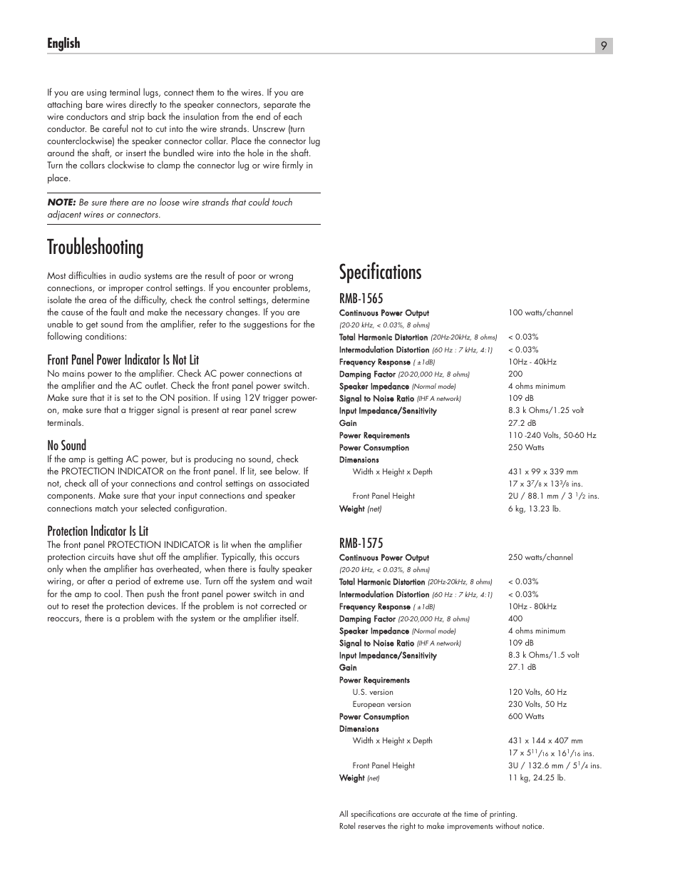 Troubleshooting, Specifi cations, English | Front panel power indicator is not lit, No sound, Protection indicator is lit, Rmb-1565, Rmb-1575 | ROTEL RMB-1565 User Manual | Page 9 / 46