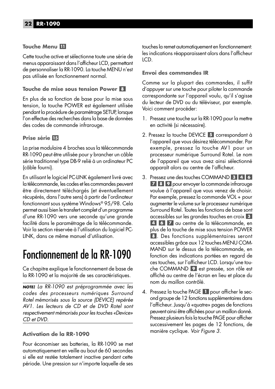 Fonctionnement de la rr-1090 | ROTEL RR1090 User Manual | Page 22 / 96