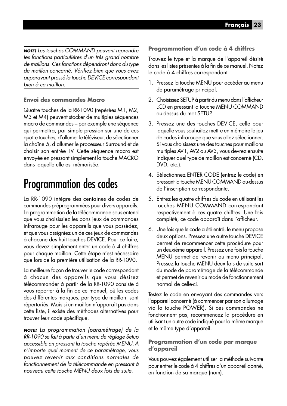 Programmation des codes | ROTEL RR1090 User Manual | Page 23 / 96