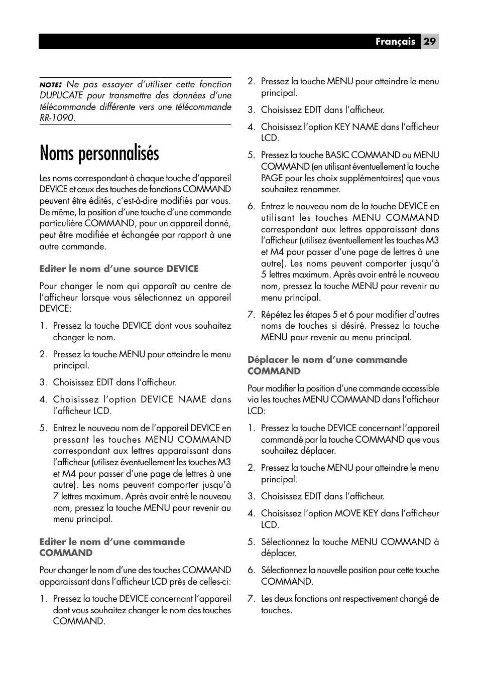 Noms personnalisés | ROTEL RR1090 User Manual | Page 29 / 96