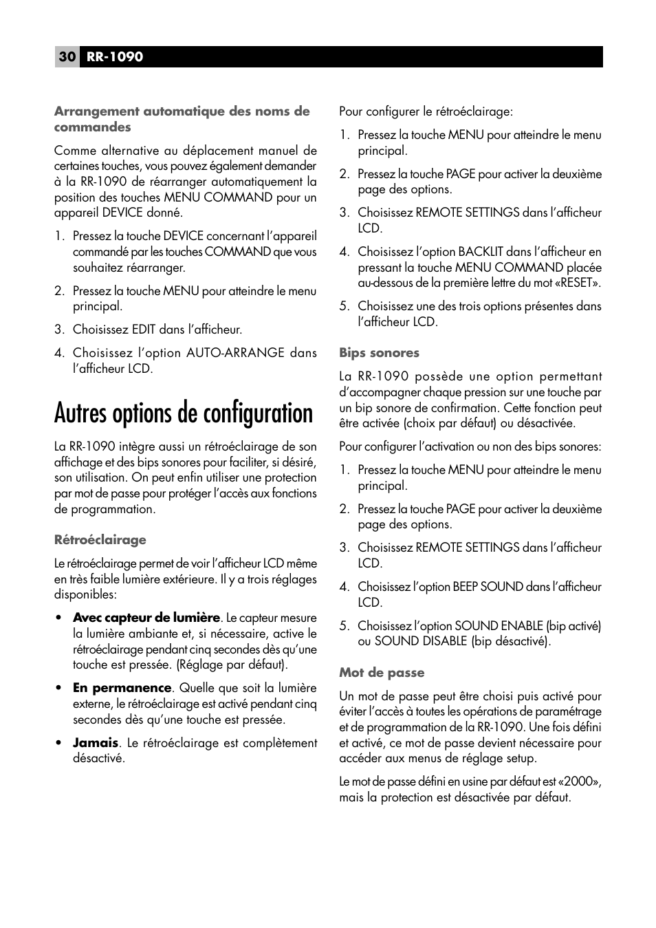 Autres options de configuration | ROTEL RR1090 User Manual | Page 30 / 96