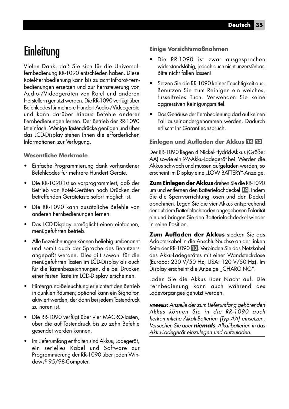 Einleitung 35, Einleitung | ROTEL RR1090 User Manual | Page 35 / 96