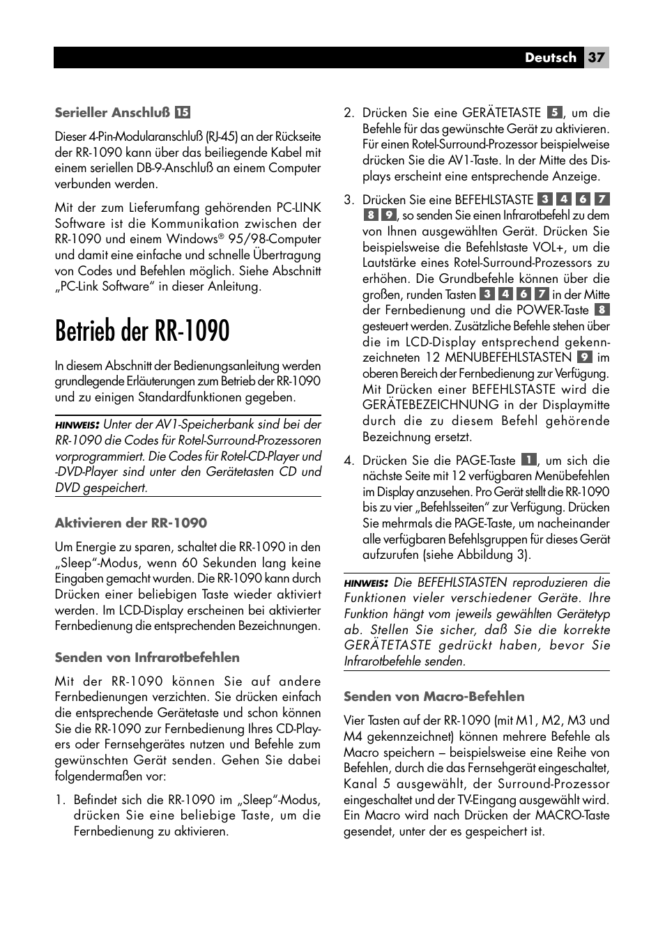Betrieb der rr-1090 | ROTEL RR1090 User Manual | Page 37 / 96
