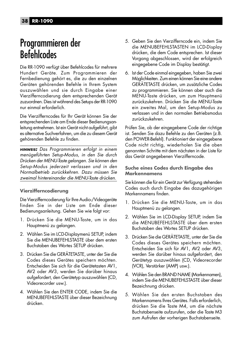 Programmieren der befehlcodes | ROTEL RR1090 User Manual | Page 38 / 96