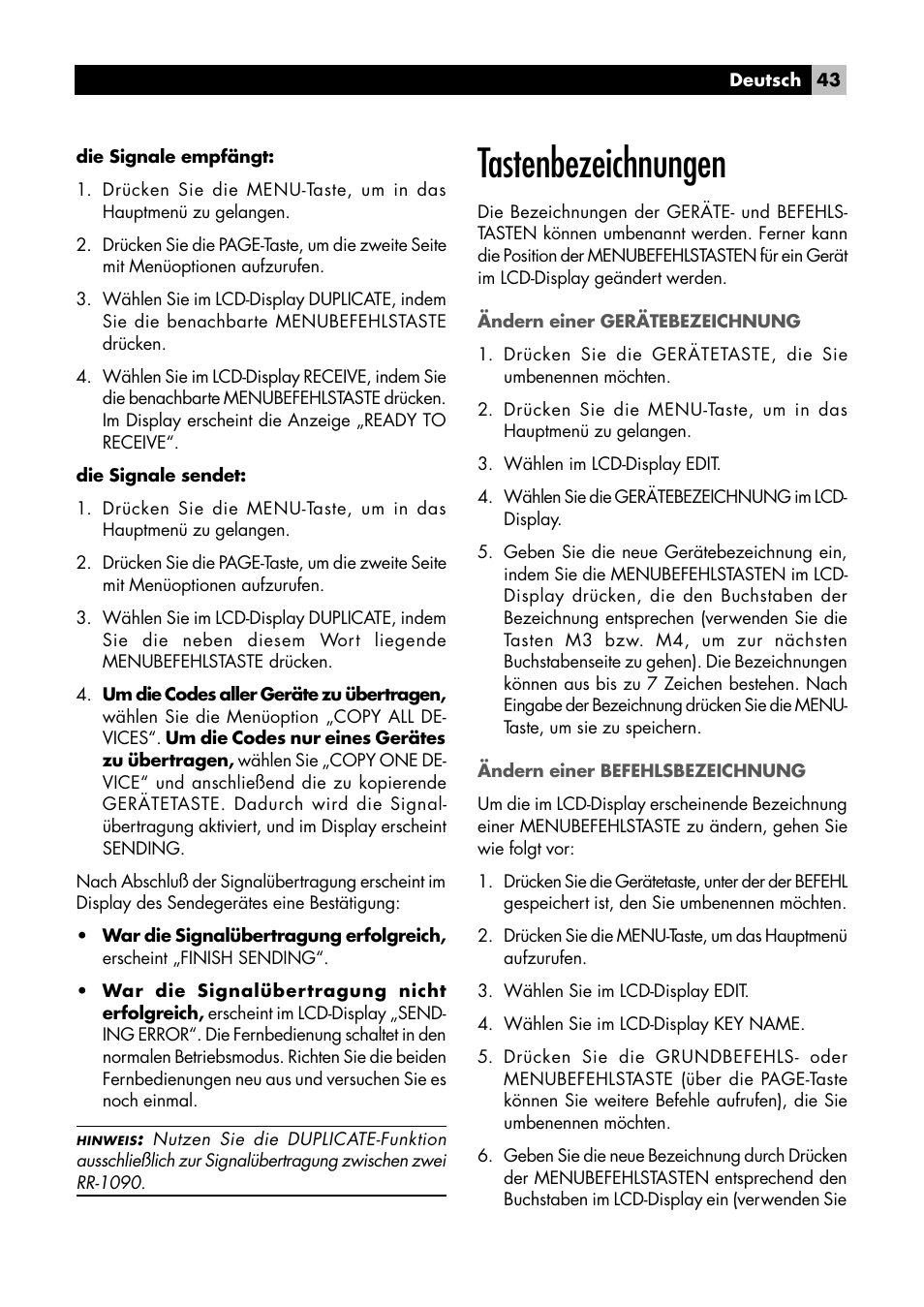Tastenbezeichnungen | ROTEL RR1090 User Manual | Page 43 / 96