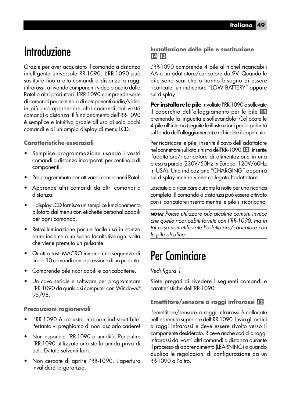Introduzione, Per cominciare | ROTEL RR1090 User Manual | Page 49 / 96
