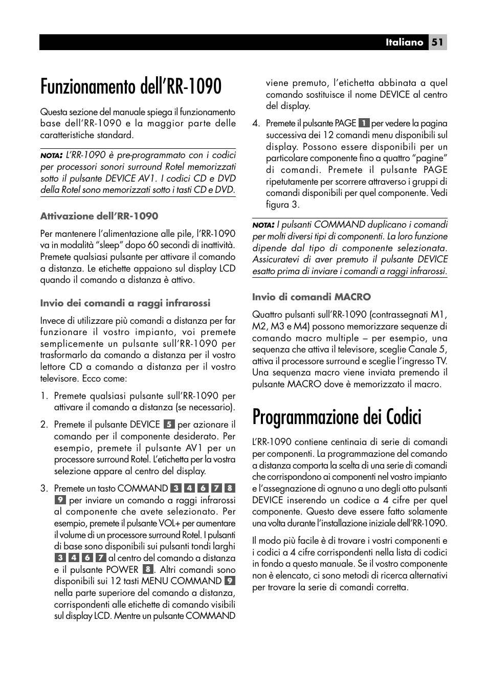 Funzionamento dell’rr-1090, Programmazione dei codici | ROTEL RR1090 User Manual | Page 51 / 96