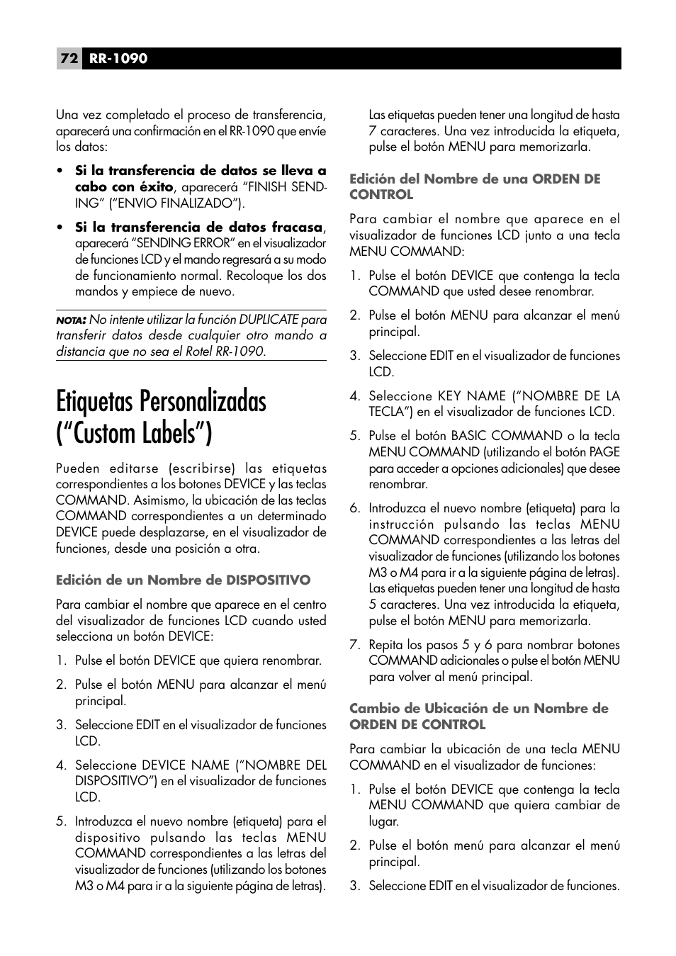 Etiquetas personalizadas (“custom labels”) | ROTEL RR1090 User Manual | Page 72 / 96