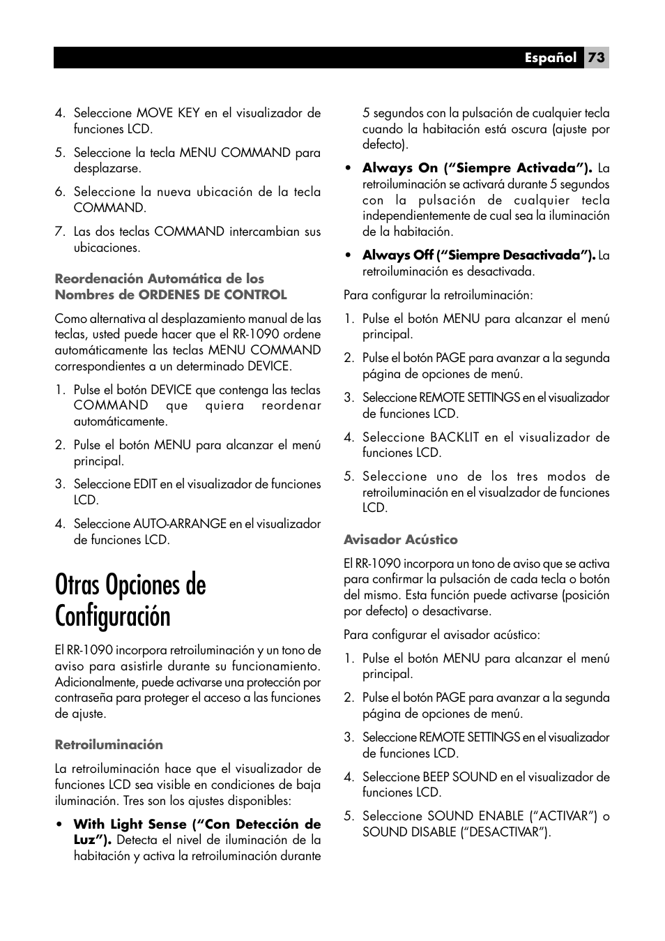 Otras opciones de configuración | ROTEL RR1090 User Manual | Page 73 / 96