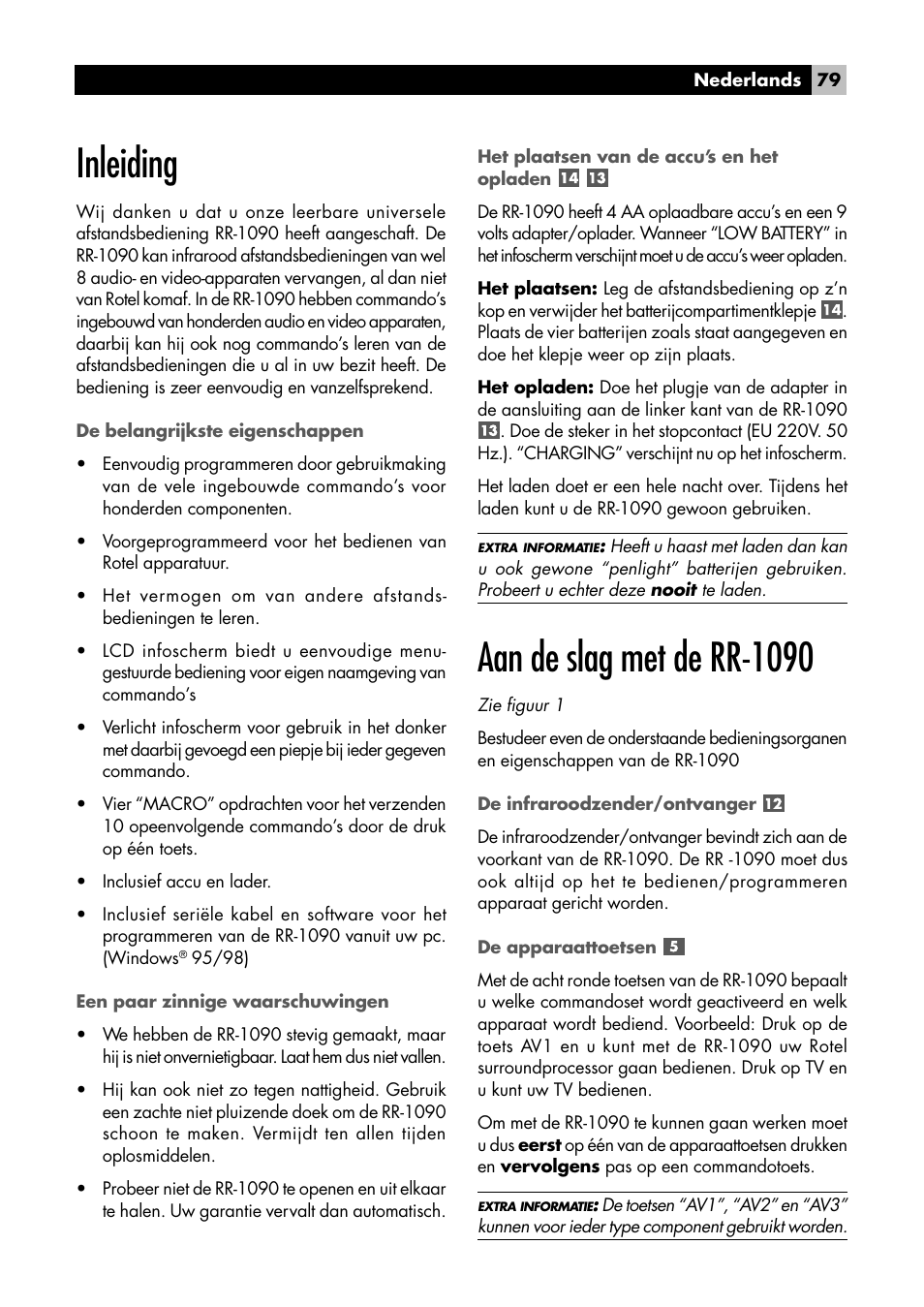 Inleiding, Aan de slag met de rr-1090 | ROTEL RR1090 User Manual | Page 79 / 96