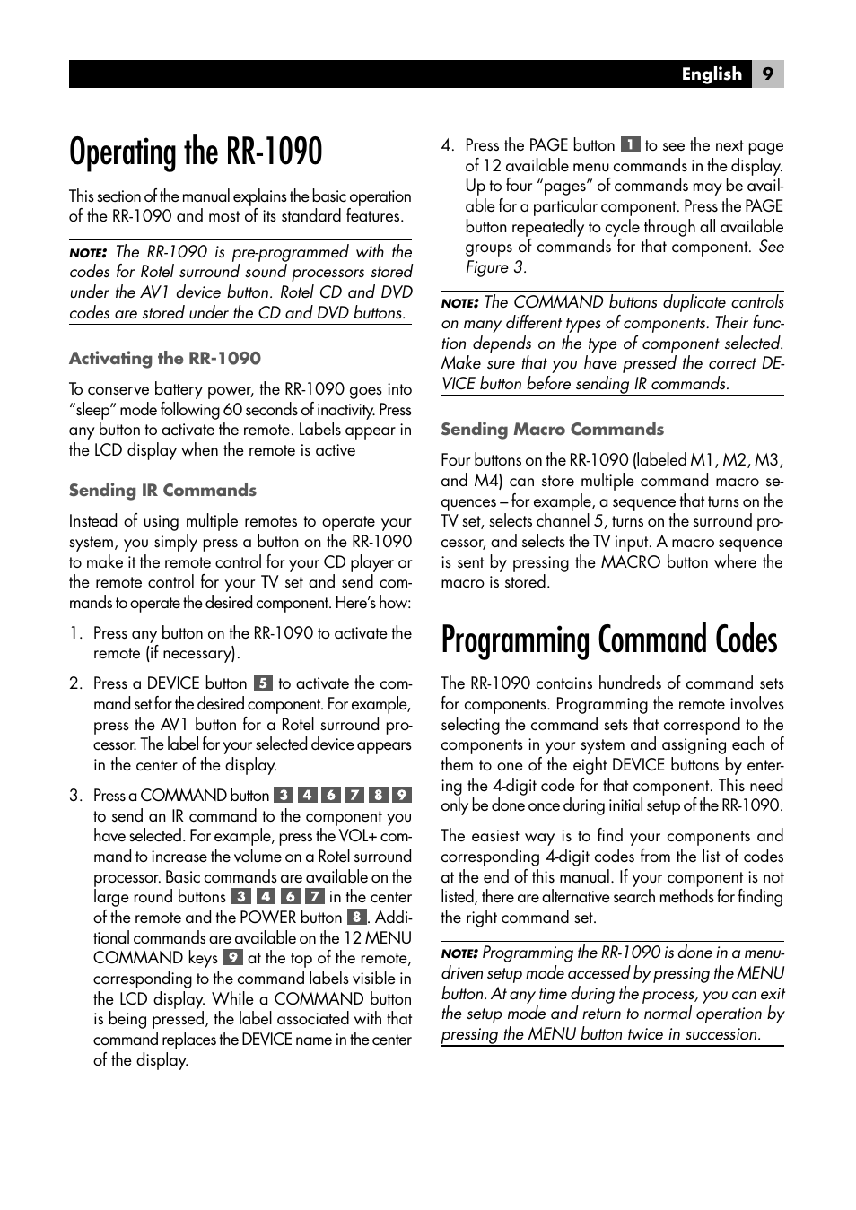 Operating the rr-1090, Programming command codes | ROTEL RR1090 User Manual | Page 9 / 96