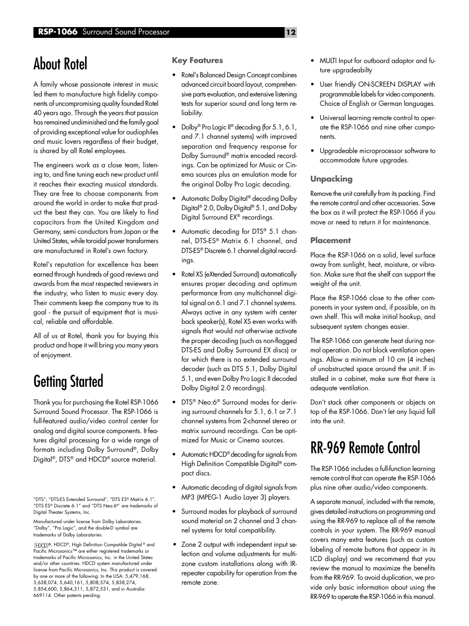 About rotel, Getting started, Key features | Unpacking, Placement, Rr-969 remote control, Getting started key features unpacking placement, Rsp-1066 surround sound processor | ROTEL RSP1066 User Manual | Page 12 / 76