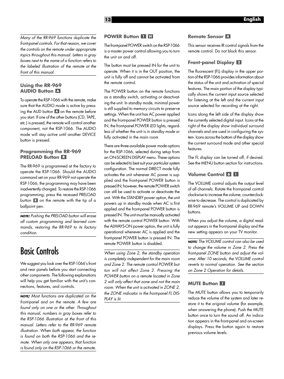 Using the rr-969 audio button, Programming the rr-969 preload button, Basic controls | Power button, Remote sensor, Front-panel display, Volume control, Mute button, Basic controls power button | ROTEL RSP1066 User Manual | Page 13 / 76