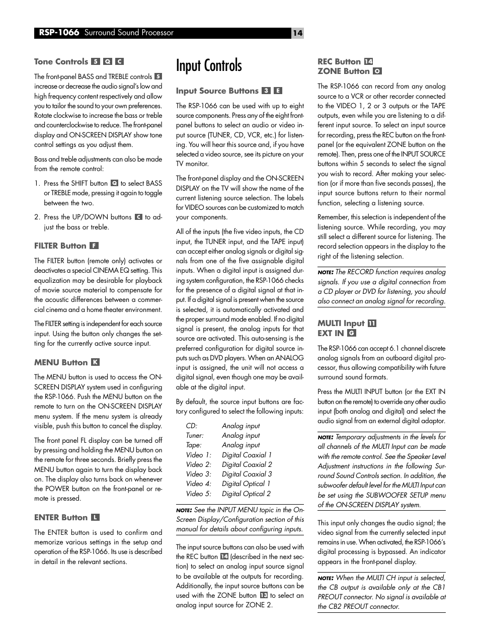 Tone controls, Filter button, Menu button | Enter button, Input controls, Input source buttons, Rec button zone button, Multi input ext in, Input controls input source buttons | ROTEL RSP1066 User Manual | Page 14 / 76