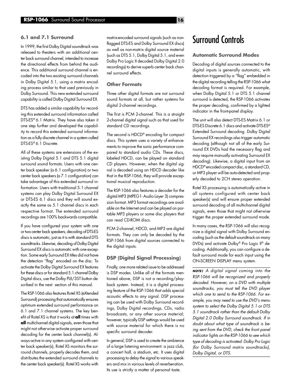 1 and 7.1 surround, Other formats, Dsp (digital signal processing) | Surround controls, Automatic surround modes, Surround controls automatic surround modes | ROTEL RSP1066 User Manual | Page 16 / 76