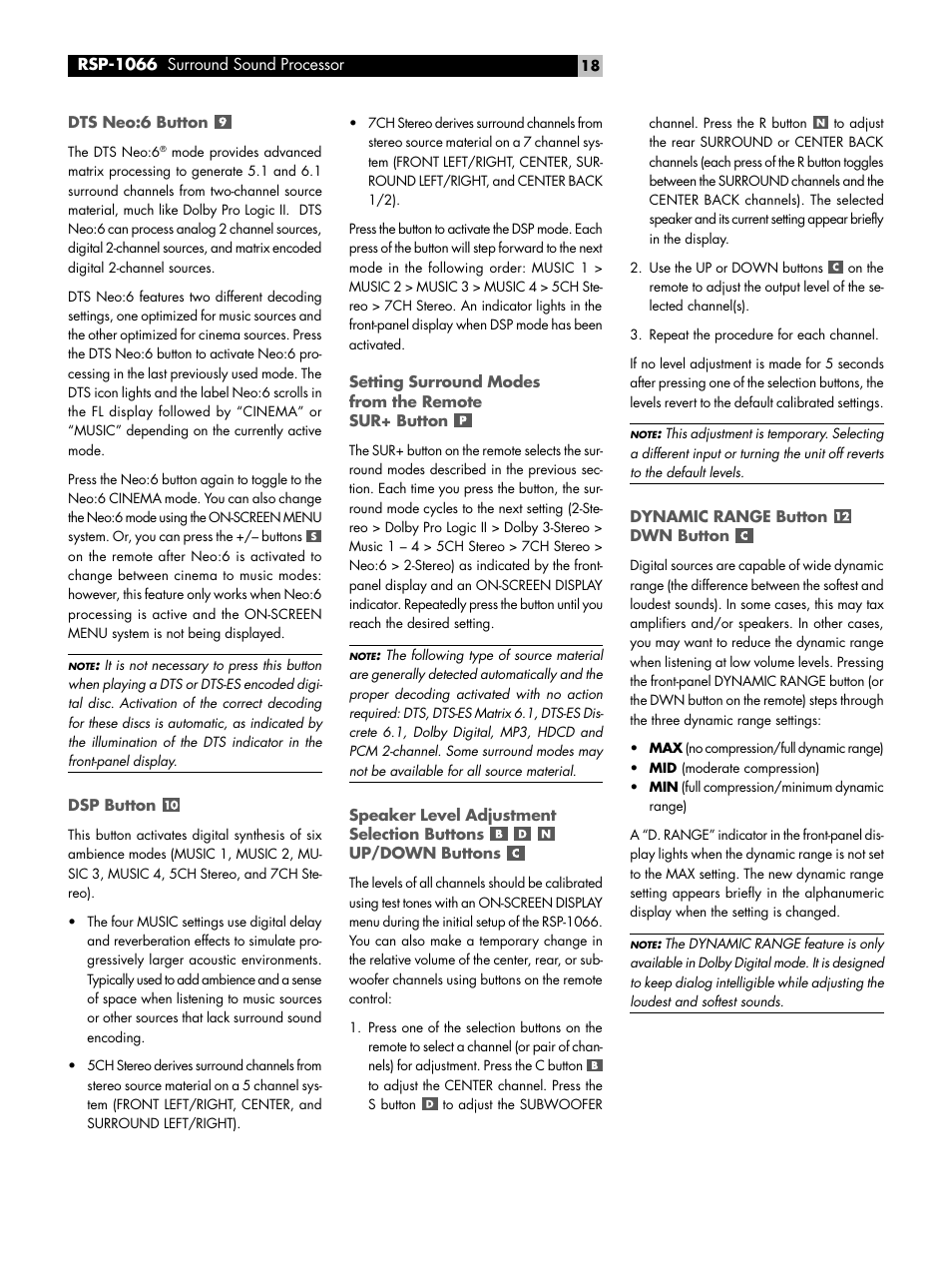 Dts neo:6 button, Dsp button, Setting surround modes from the remote sur+ button | Dynamic range button dwn button, Speaker level adjustment selection buttons, Up/down buttons | ROTEL RSP1066 User Manual | Page 18 / 76