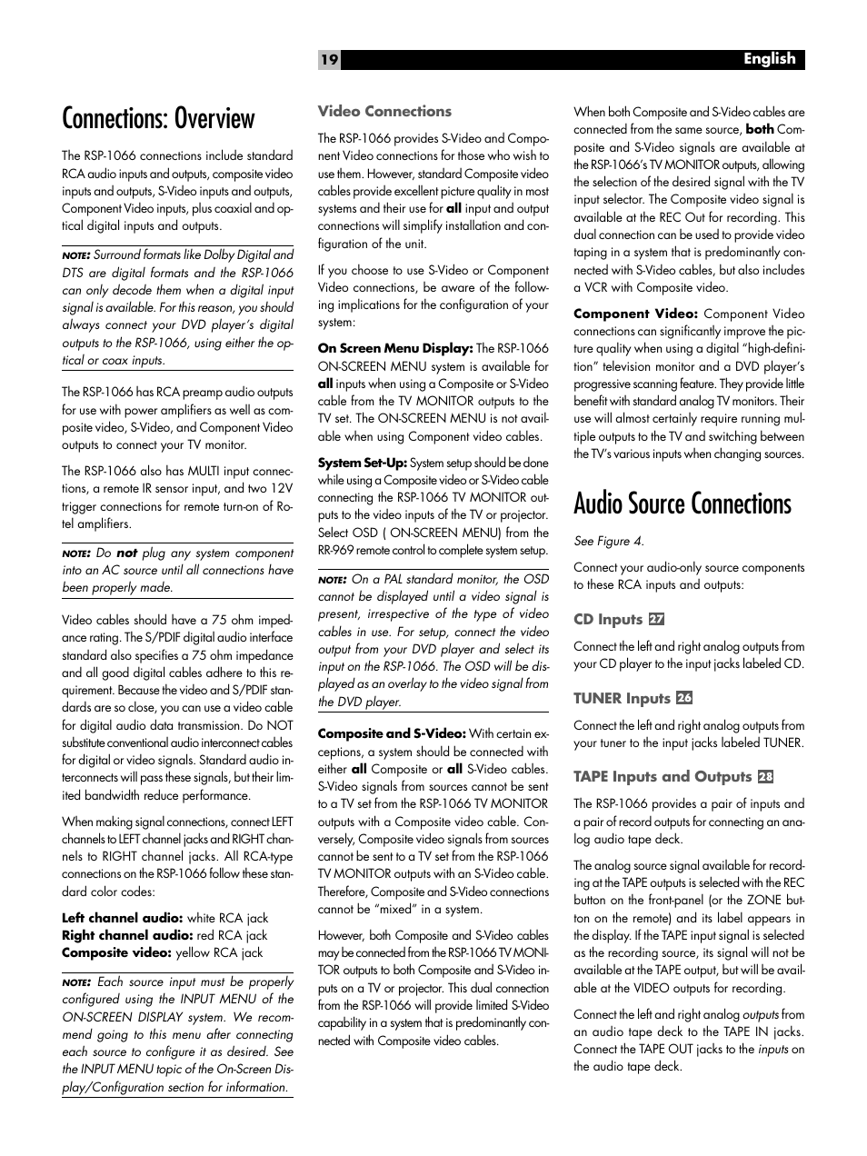 Connections: overview, Video connections, Audio source connections | Cd inputs, Tuner inputs, Tape inputs and outputs, Connections: overview video connections, Audio source connections cd inputs | ROTEL RSP1066 User Manual | Page 19 / 76