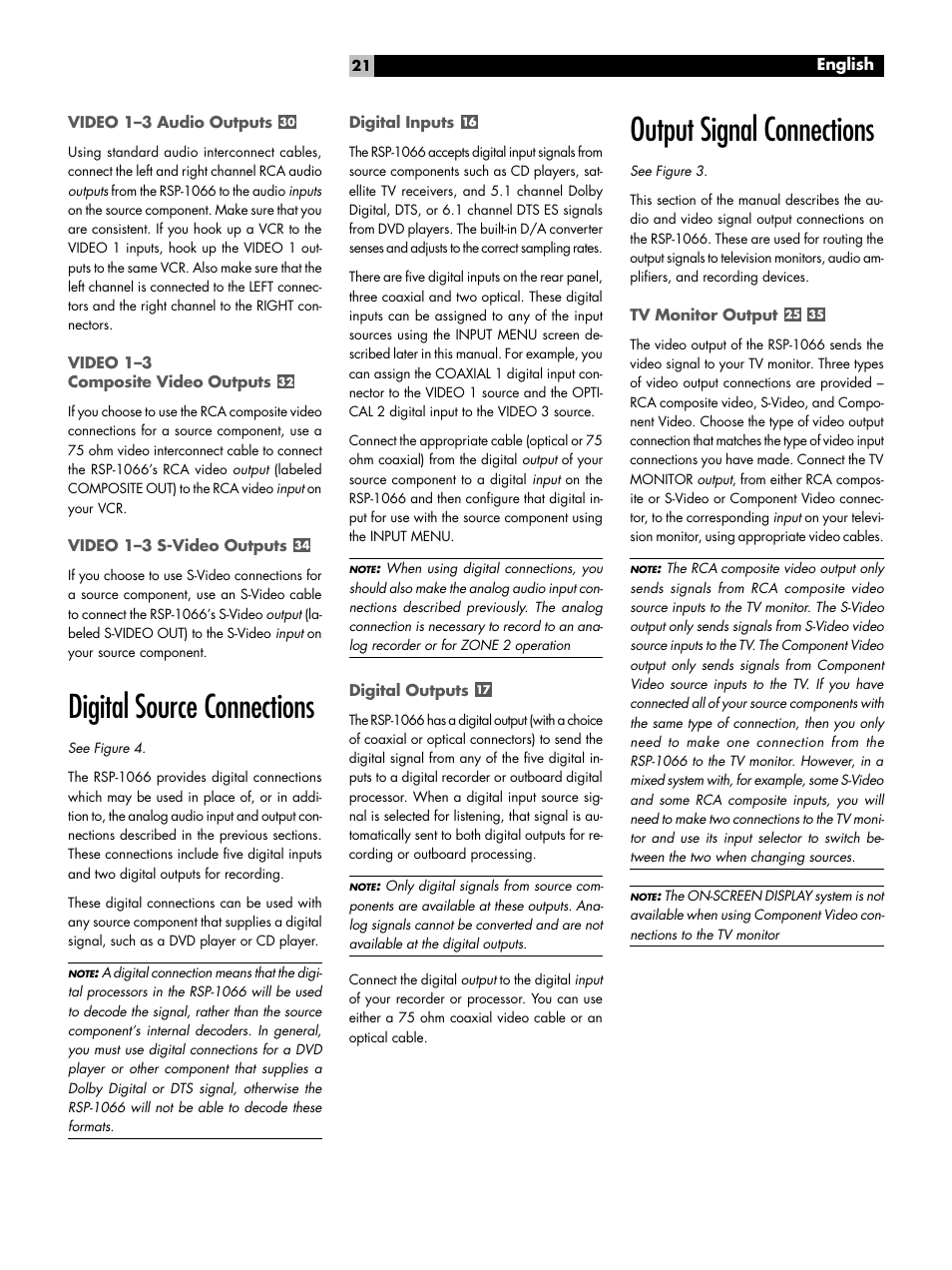 Video 1-3 audio outputs, Video 1-3 composite video outputs, Video 1-3 s-video outputs | Digital source connections, Digital inputs, Digital outputs, Output signal connections, Tv monitor output, Video 1–3 audio outputs, Video 1–3 composite video outputs | ROTEL RSP1066 User Manual | Page 21 / 76