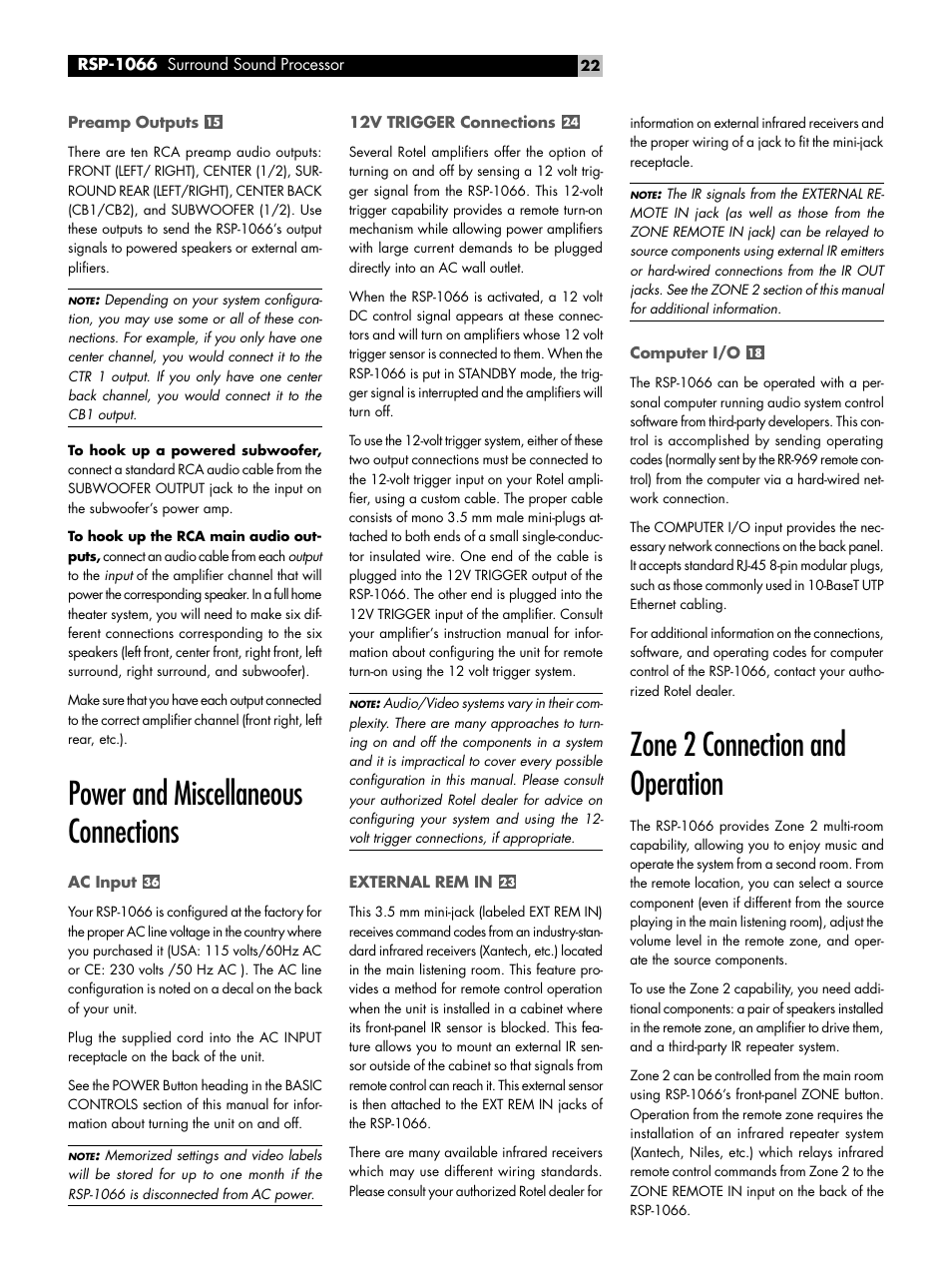 Preamp outputs, Power and miscellaneous connections, Ac input | 12v trigger connections, External rem in, Computer i/o, Zone 2 connection and operation, Power and miscellaneous connections ac input | ROTEL RSP1066 User Manual | Page 22 / 76
