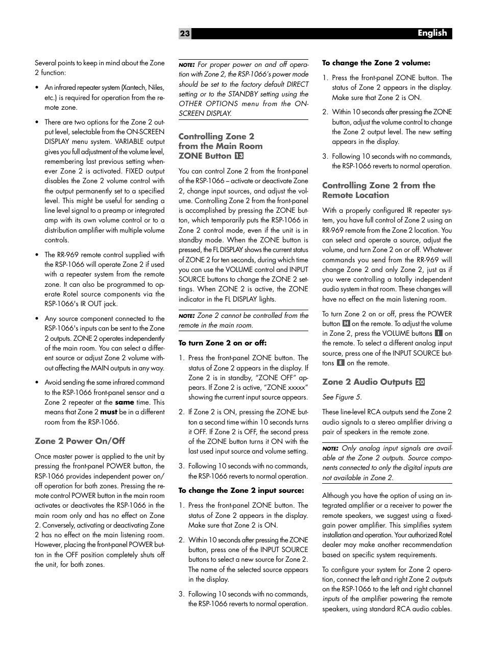 Zone 2 power on/off, Controlling zone 2 from the main room zone button, Controlling zone 2 from the remote location | Zone 2 audio outputs | ROTEL RSP1066 User Manual | Page 23 / 76