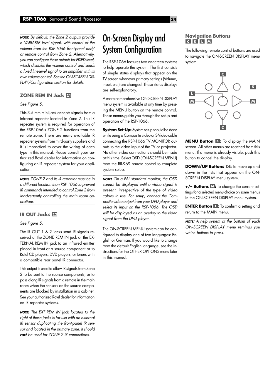 Zone rem in jack, Ir out jacks, On-screen display and system configuration | Navigation buttons | ROTEL RSP1066 User Manual | Page 24 / 76